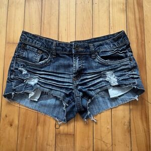 Y2K Blue Distressed Low Rise Sz 7 Denim Shorts Micro Mini Raw Hem Seductions FD